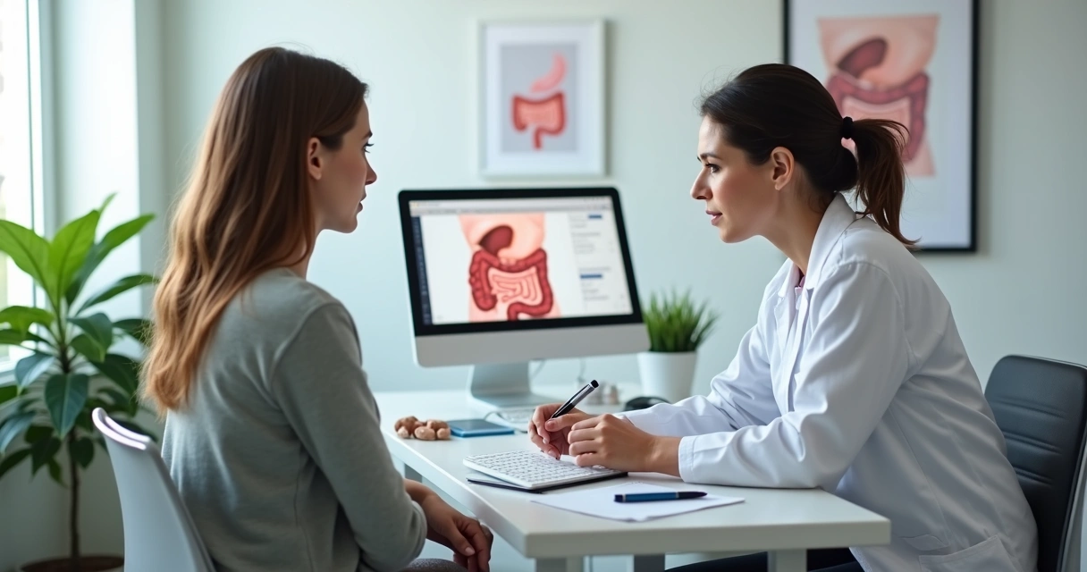 Médica coloproctologista explicando fissura anal para paciente em consulta confidencial 