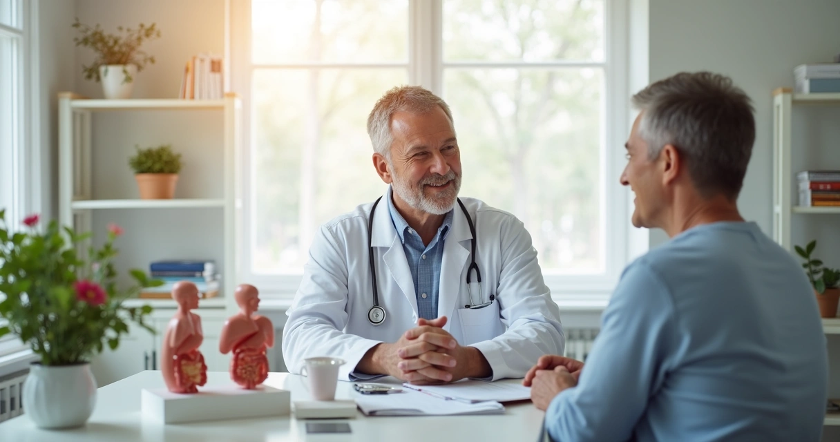 Médico gastroenterologista conversando com paciente em consultório 
