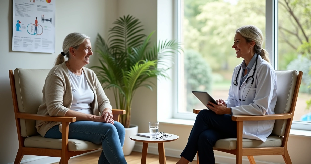 Geriatra conversando com paciente idosa em consultório acolhedor 