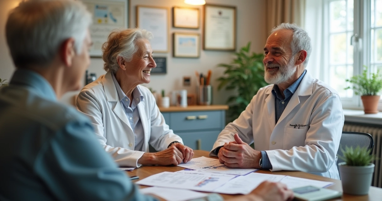 Médico geriatra atendendo idoso em consultório acolhedor 