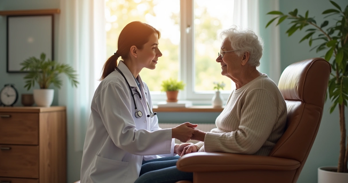 Consulta geriátrica individual em clínica, médico examinando senhora idosa na cadeira ao lado de janela iluminada 