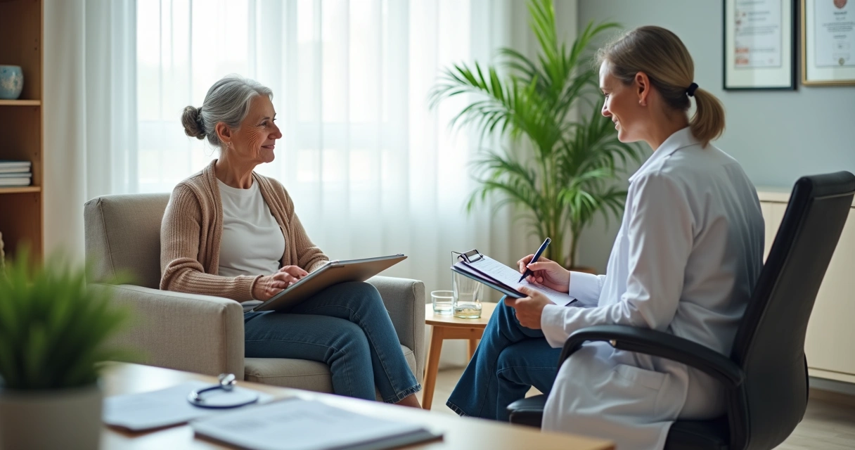 Geriatra conversando com idosa em consultório acolhedor com anotações na mesa 