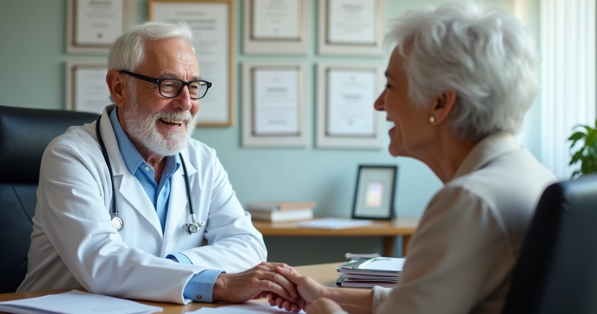 Médico geriatra conversando com idosa em consultório, ambiente moderno 