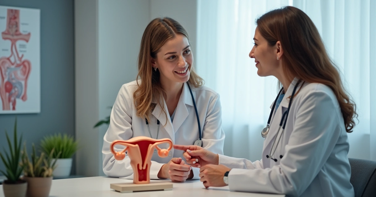 Médica examinando paciente sentada à mesa de consultório 