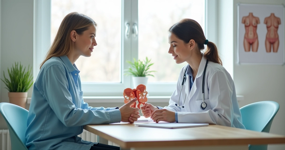 Consulta ginecológica com explicação sobre pelve feminina 