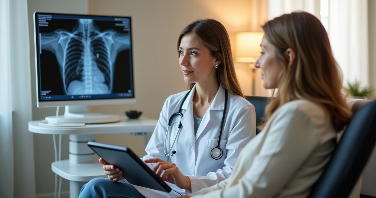 Ginecologista mostrando exame de imagem para paciente no consultório