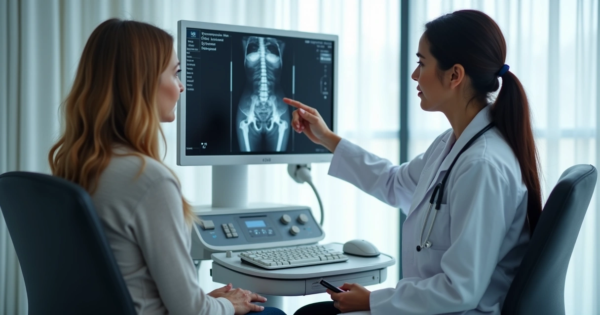 Médica ginecologista aponta ultrassom para paciente 