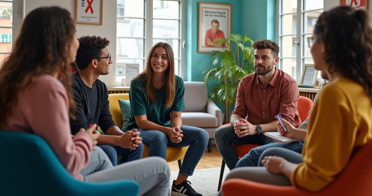 Grupo de jovens em conversa aberta sobre PrEP com profissional de saúde