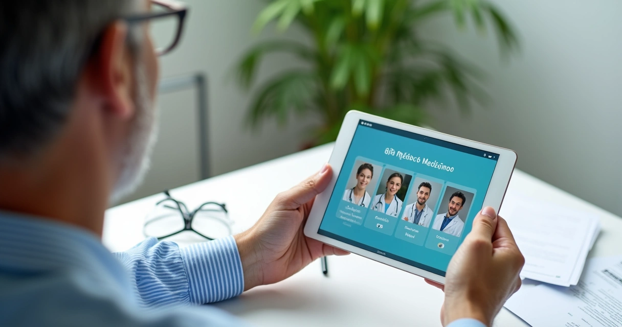 Pessoa consultando o Guia Médico da MedSênior DF em tablet 