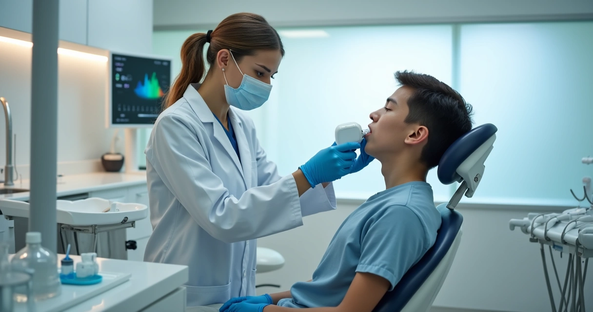 Jovem em consulta odontológica moderna avaliando halitose com dentista 