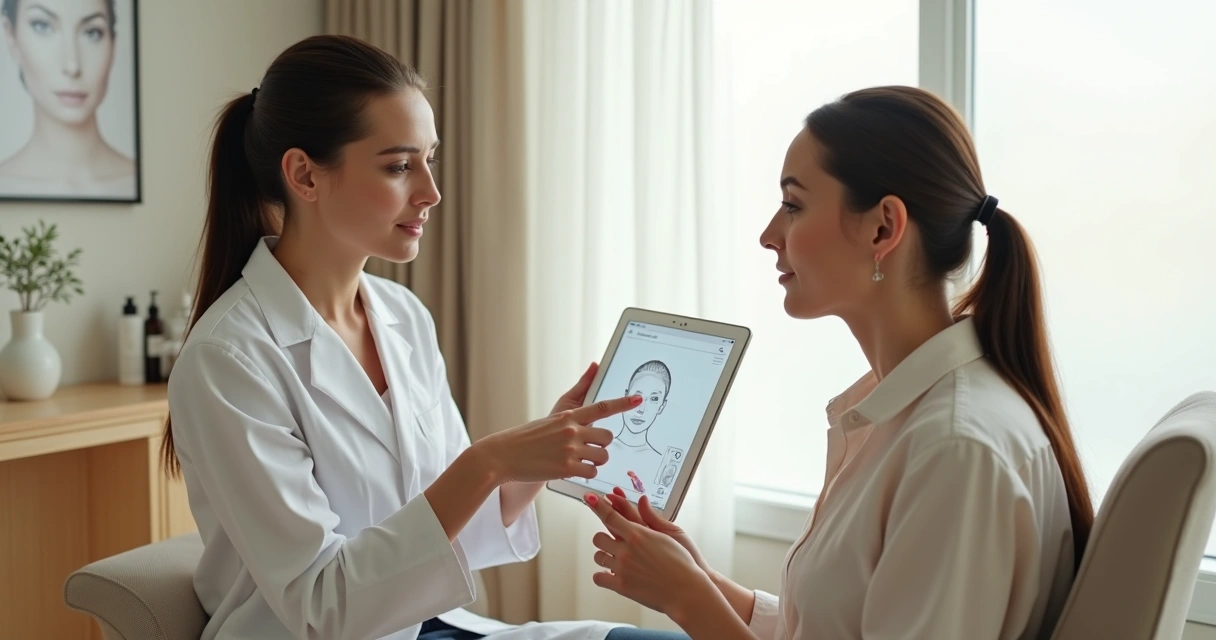 Paciente em avaliação de harmonização facial com médica em clínica elegante 