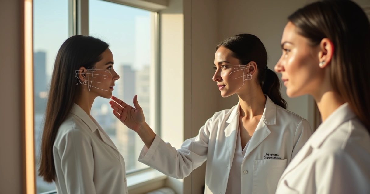 Paciente adulta em frente ao espelho durante avaliação facial suave com médica estética 