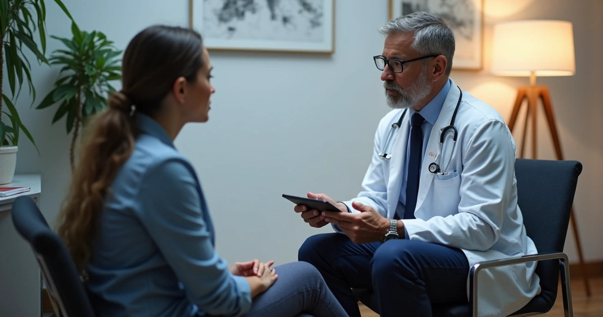Consulta médica sobre harmonização peniana, consultório neutro e paciente confiante