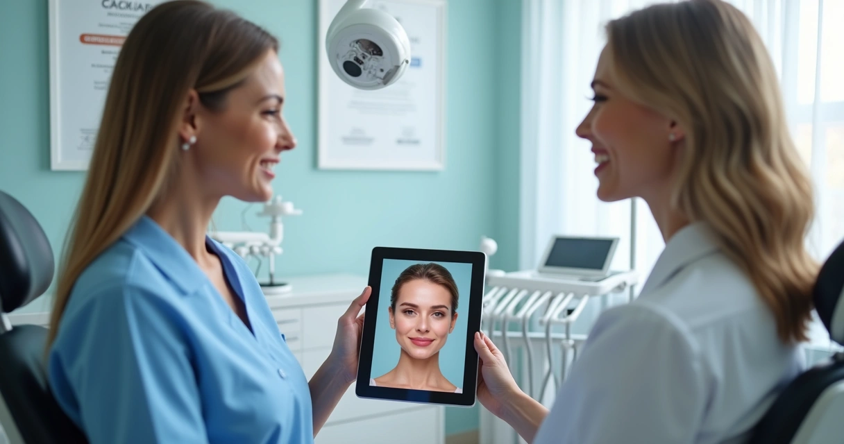 Dentista mostra ao paciente no consultório simulação de harmonização facial em tablet
