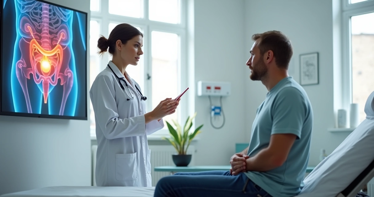 Médica explica hérnia abdominal a paciente apontando para imagem ilustrativa no consultório 