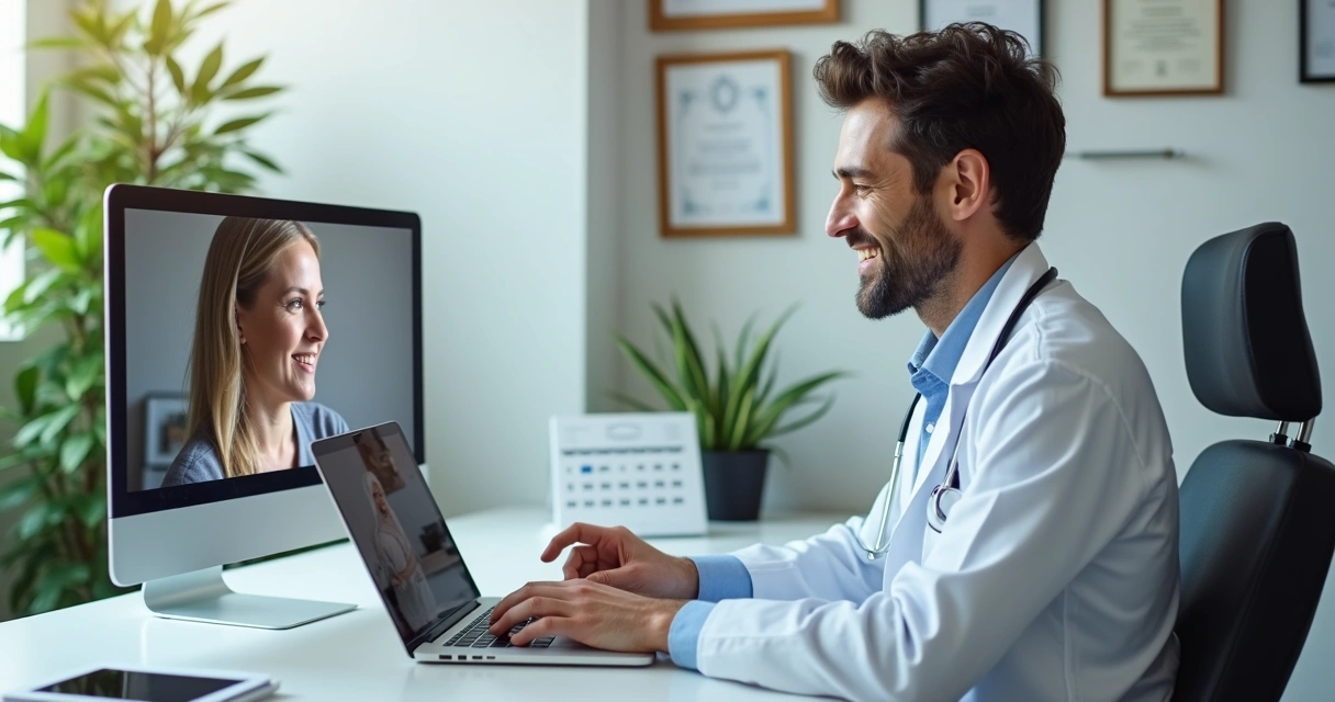 Médico em uma mesa usando computador com paciente na tela em chamada de vídeo 
