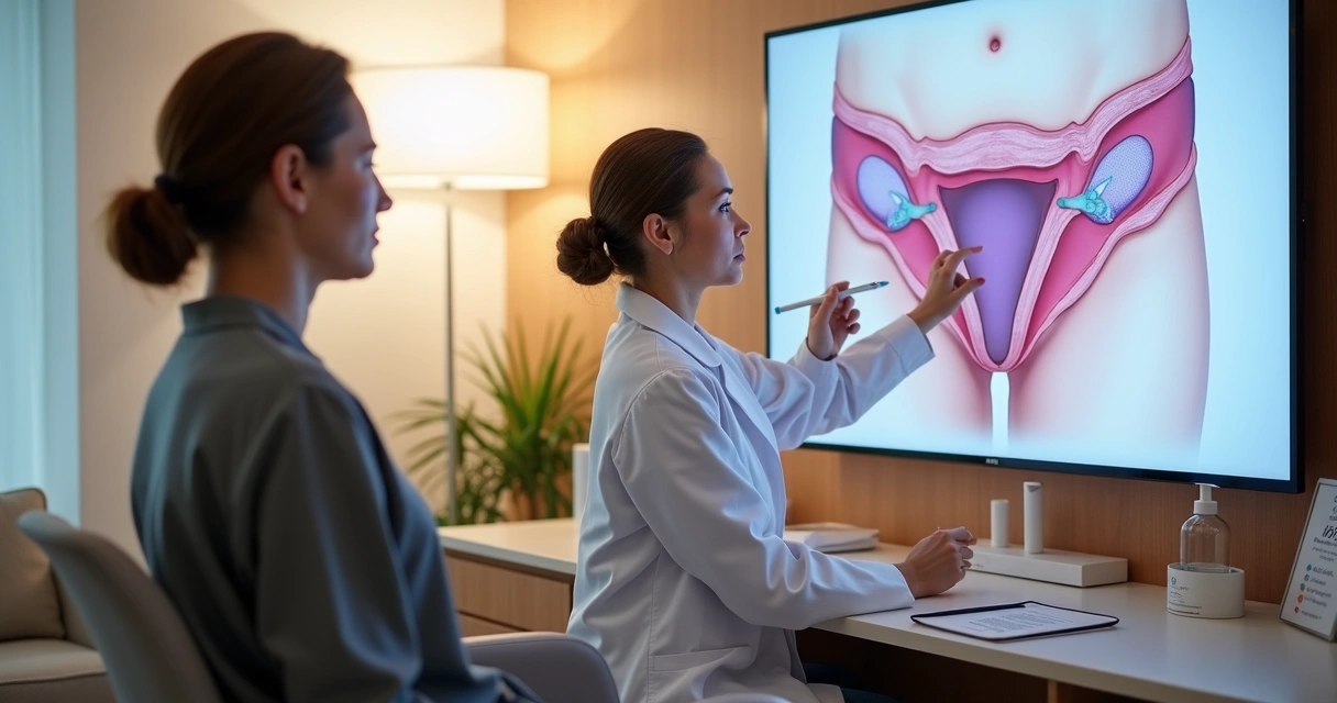 Pessoa adulta ouvindo explicação de higiene íntima da coloproctologista em consultório moderno 