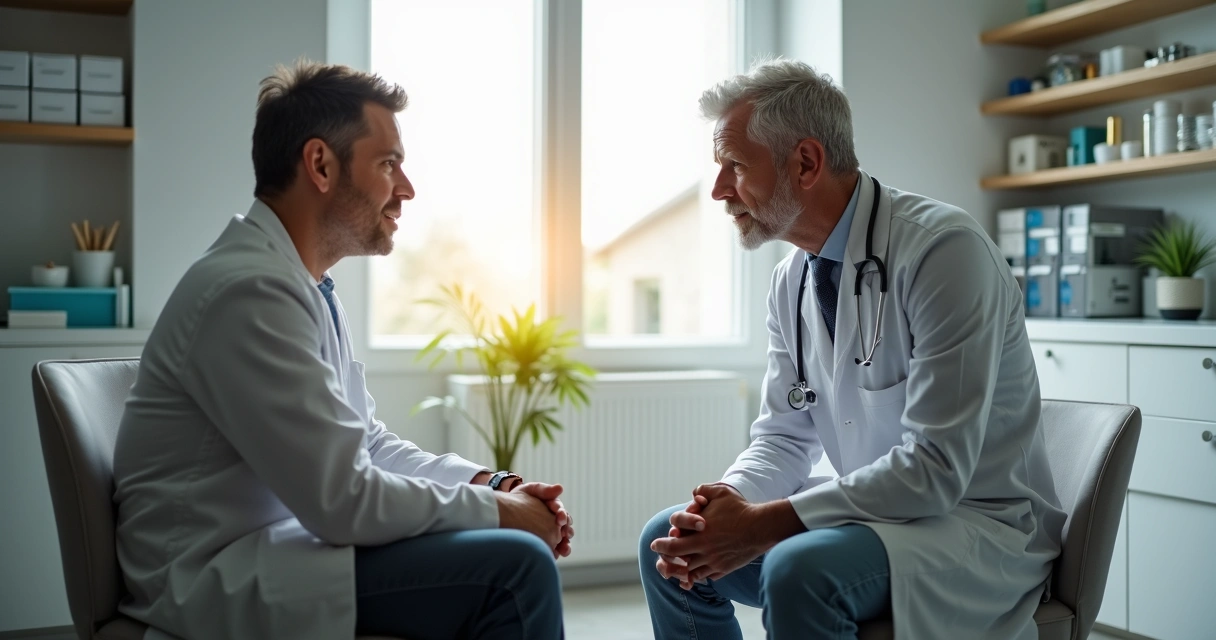 Paciente em consulta sobre hiperidrose com dermatologista em clínica moderna 