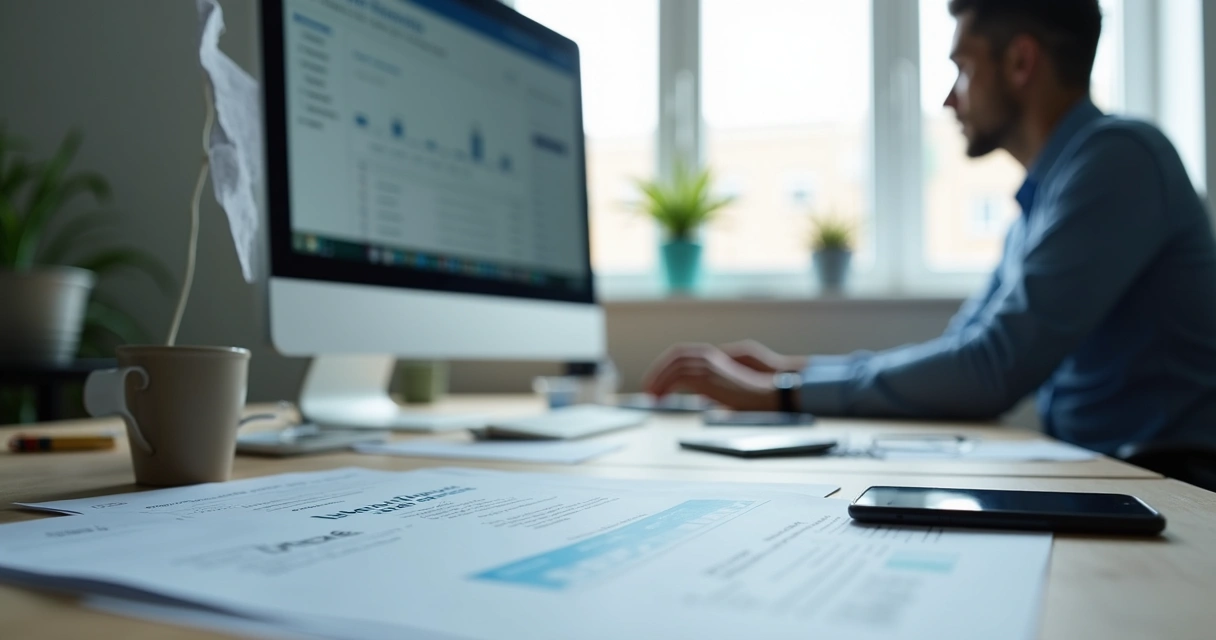 Pessoa consultando histórico de veículo em computador com documentos veiculares à mesa. 