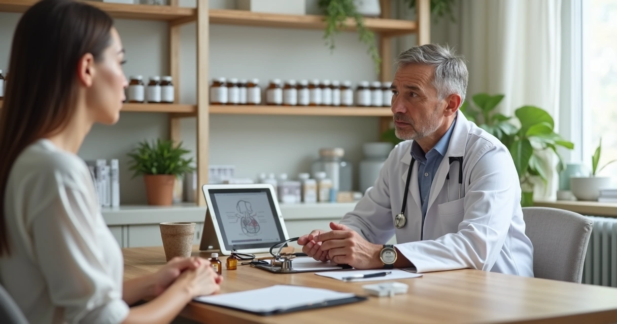Médico homeopata atendendo paciente com frascos de medicamentos diluídos sobre a mesa 