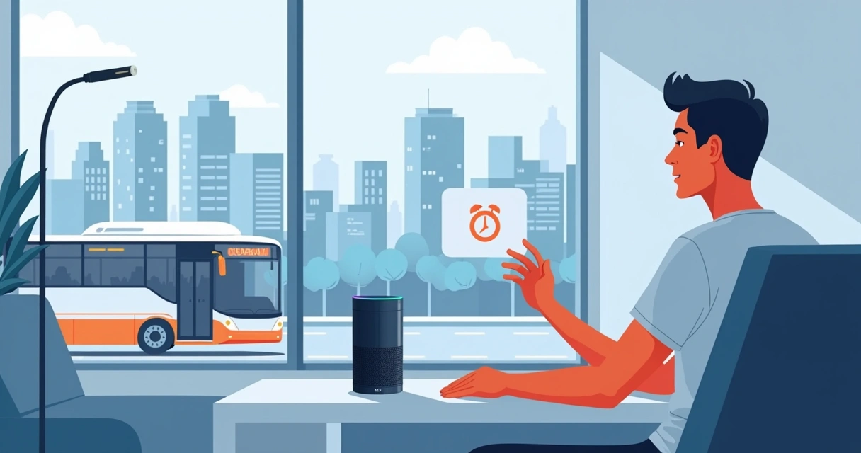 Pessoa consultando horário de ônibus em Curitiba usando comando de voz na Alexa, com ônibus e cidade ao fundo 