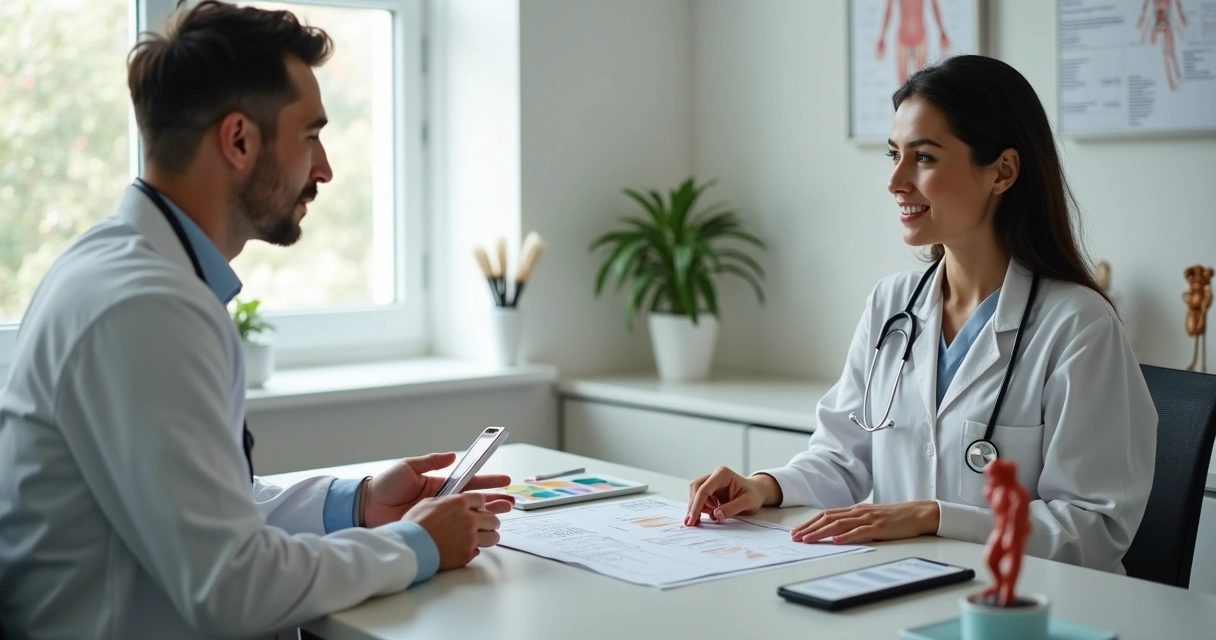 Consulta médica com exames hormonais sobre a mesa