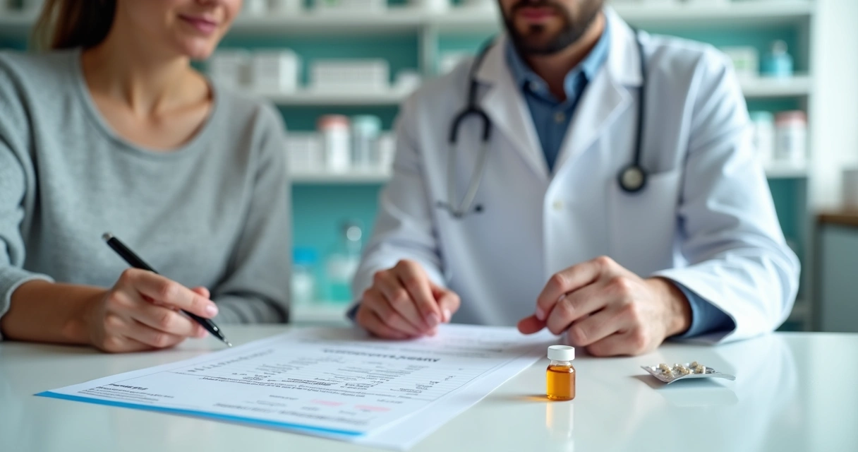 Mulher em consulta sobre terapia hormonal com farmacêutico em farmácia de manipulação 