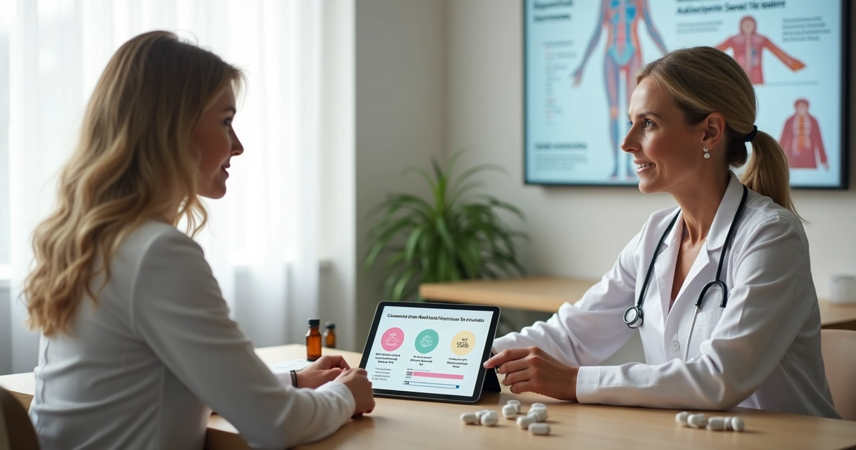 Mulher em consulta discutindo terapia hormonal personalizada com médica em consultório moderno 