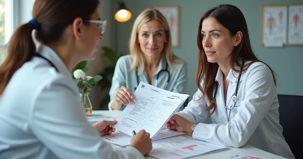 Doutora analisando exames hormonais com paciente