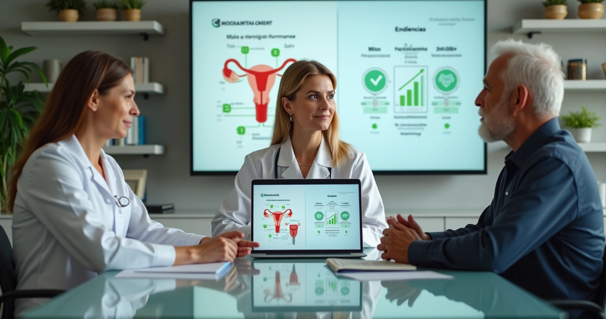 Homem e mulher maduros discutindo reposição hormonal com endocrinologista em consultório moderno