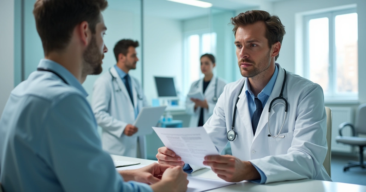 Médico e paciente discutindo resultados de exames em uma clínica moderna 