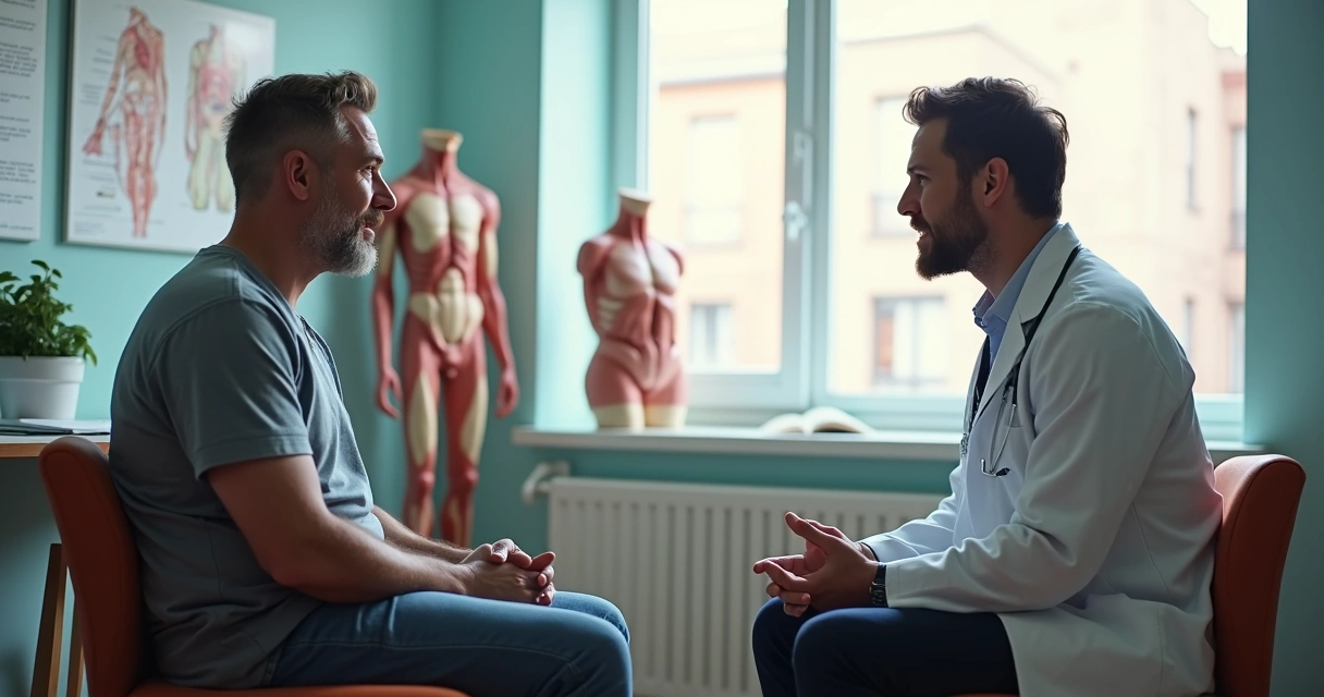 Paciente conversando com urologista em consultório moderno, ambiente acolhedor e descontraído 