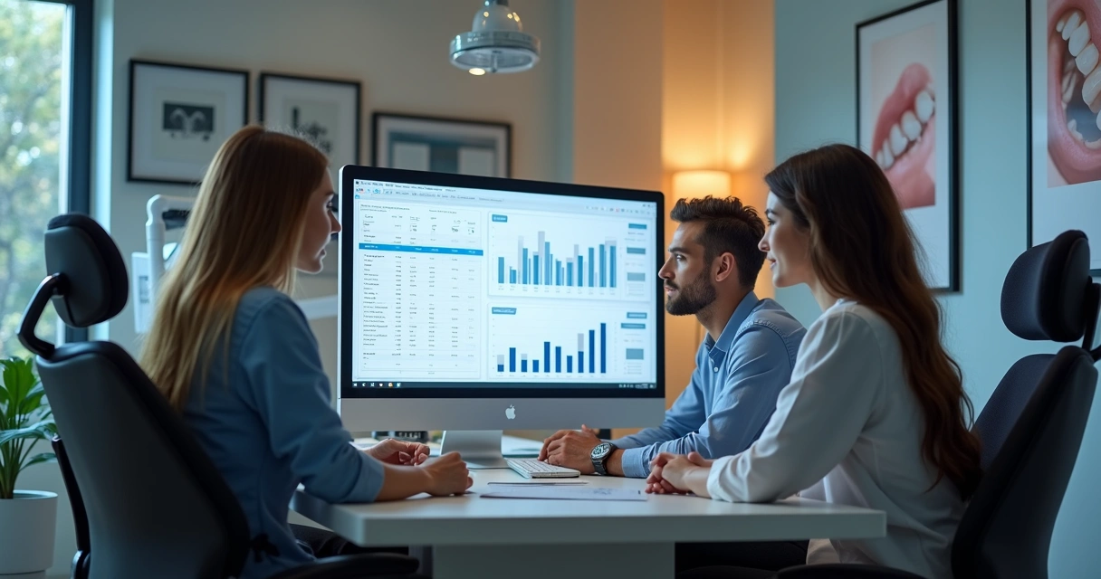 Profissionais de marketing em reunião analisando gráficos de buscas em uma clínica odontológica 