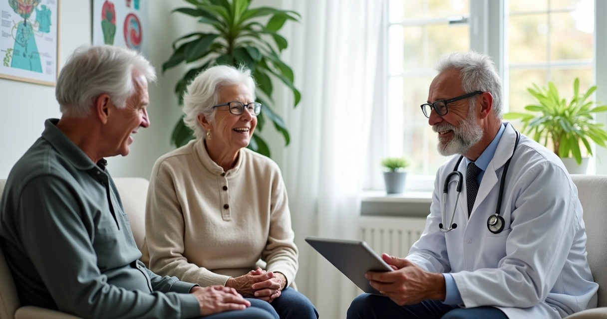 Médico atendendo casal de pessoas maduras em consultório.
