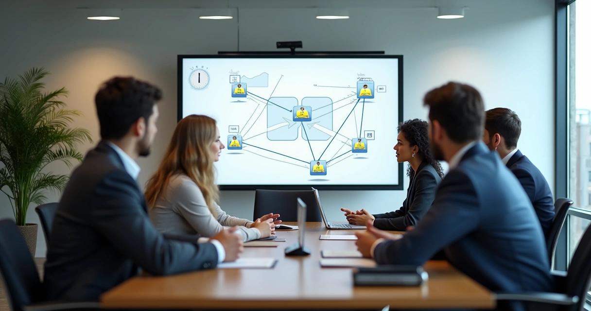 Profissionais reunidos analisando impacto de decisões em equipe 