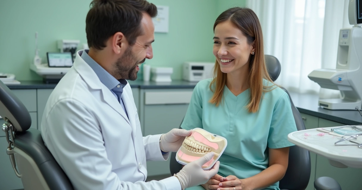 Dentista explicando enxerto ósseo para paciente em consultório moderno 