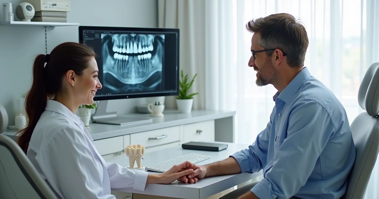 Paciente em consulta sobre implante dentário com exames 