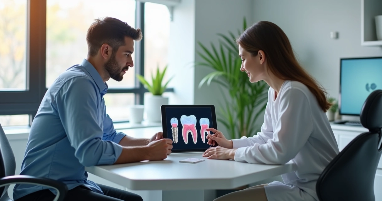 Dentista explicando plano para paciente sobre implante dentário em clínica moderna 