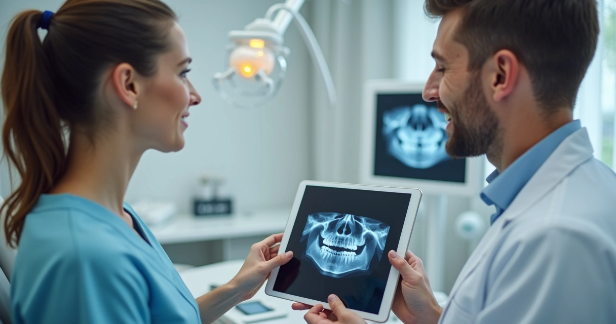 Dentista mostra radiografia de implante dental para paciente 