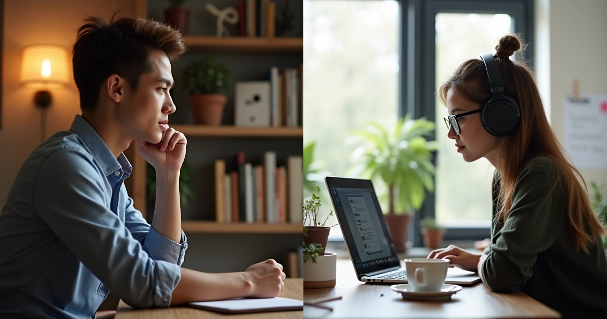 Comparação visual entre consulta individual e curso online para desenvolvimento pessoal 