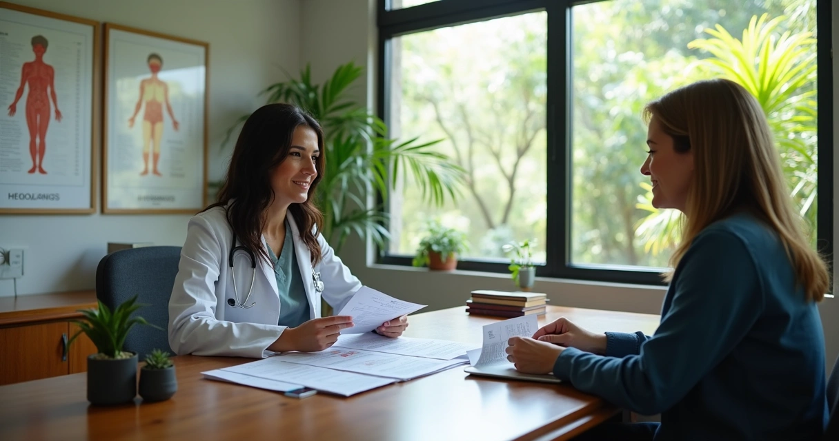 Consulta médica individualizada sobre menopausa e hormônios, paciente e doutora analisando exames 
