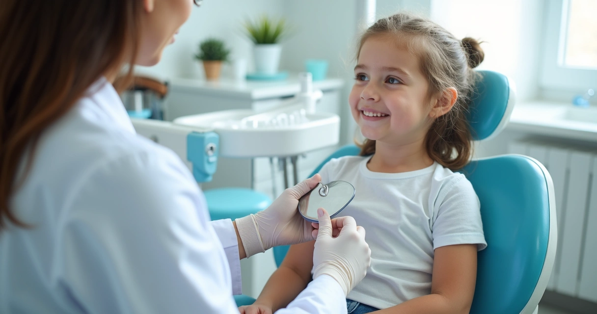 Criança em consulta odontológica com dentista e responsável 