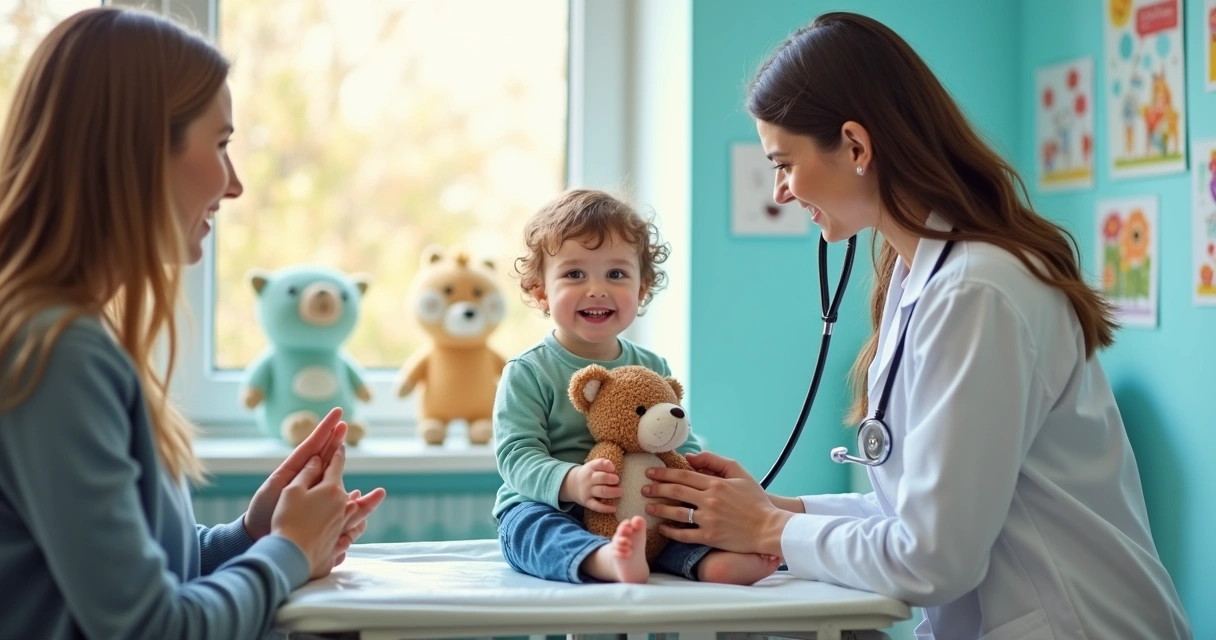 Criança sorridente em consulta médica com mãe e médico simpático 
