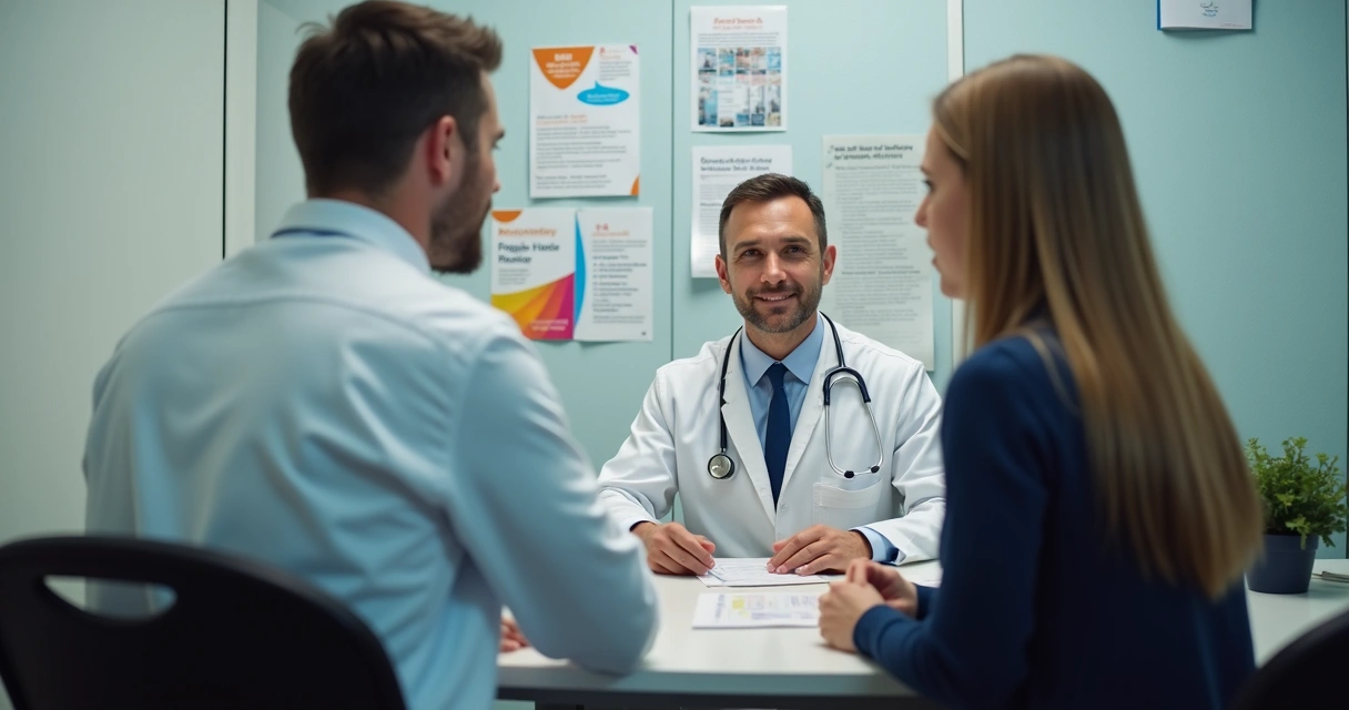 Consulta médica com profissional de infectologia, PrEP sobre a mesa, pessoa recebendo orientações sobre ISTs