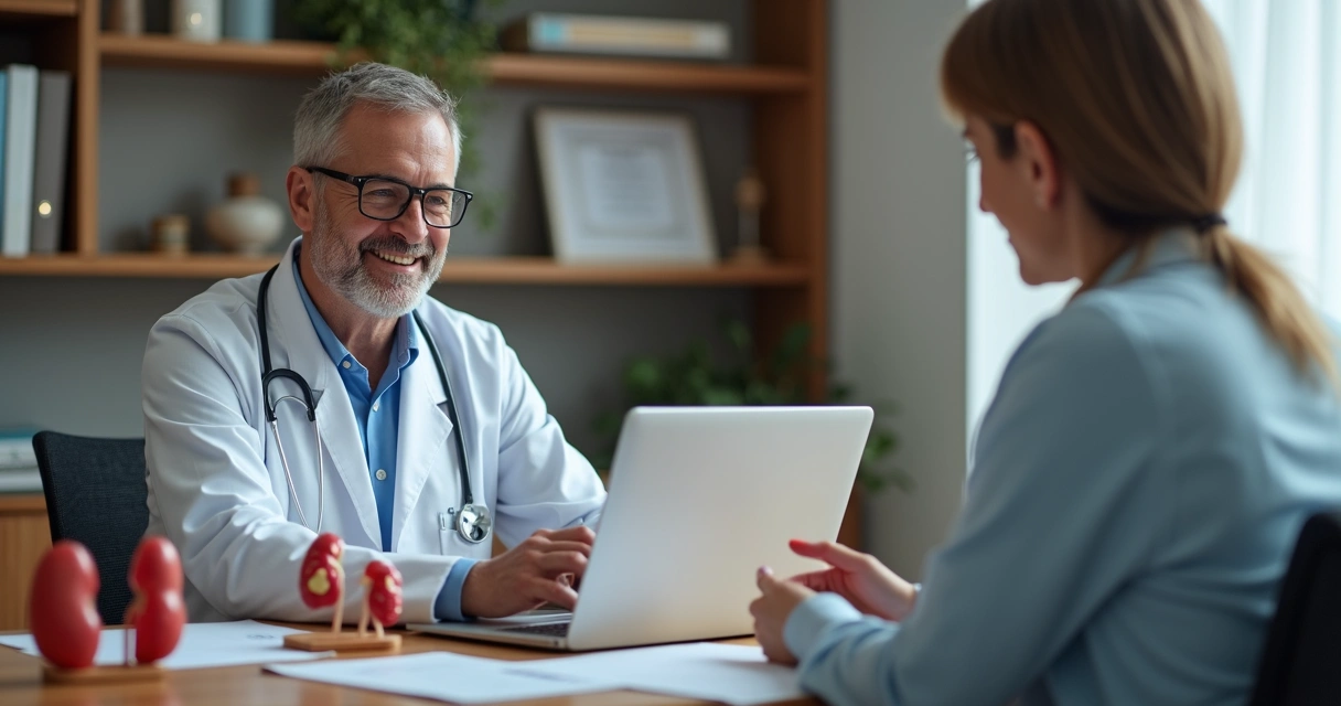 Paciente conversando com médico infectologista em consultório moderno