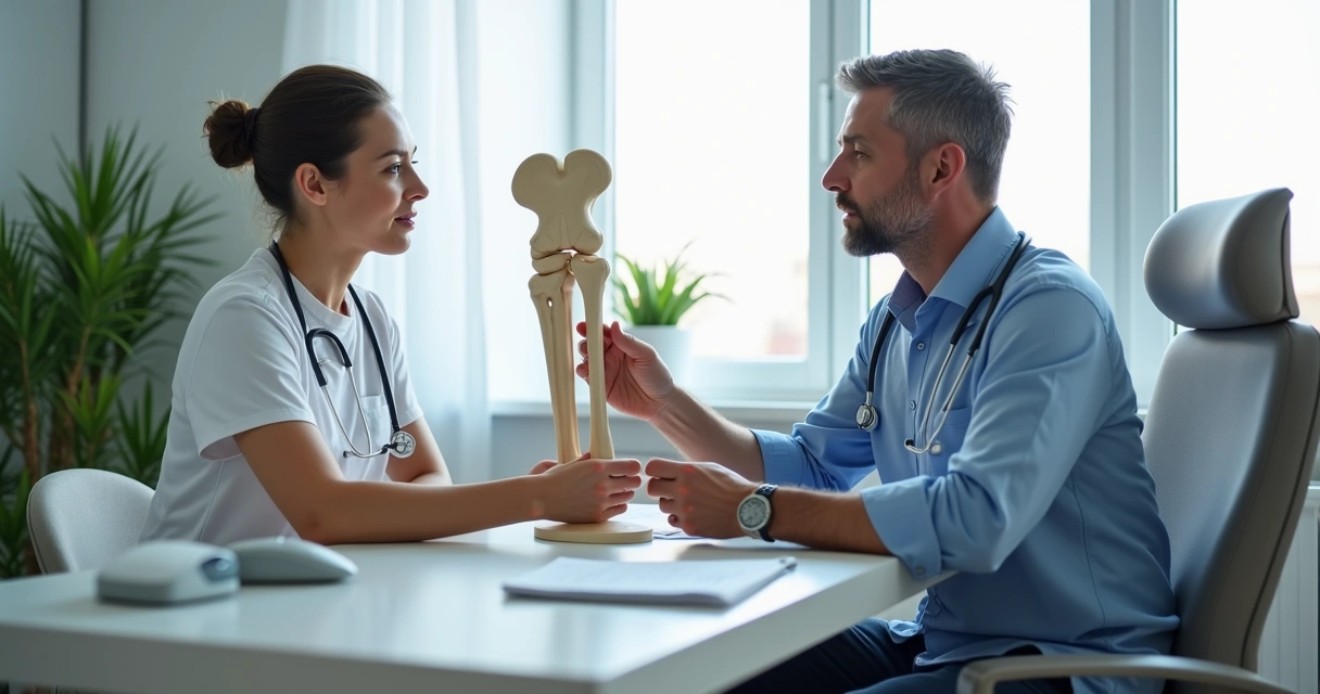 Ortopedista conversando com paciente antes de infiltração 