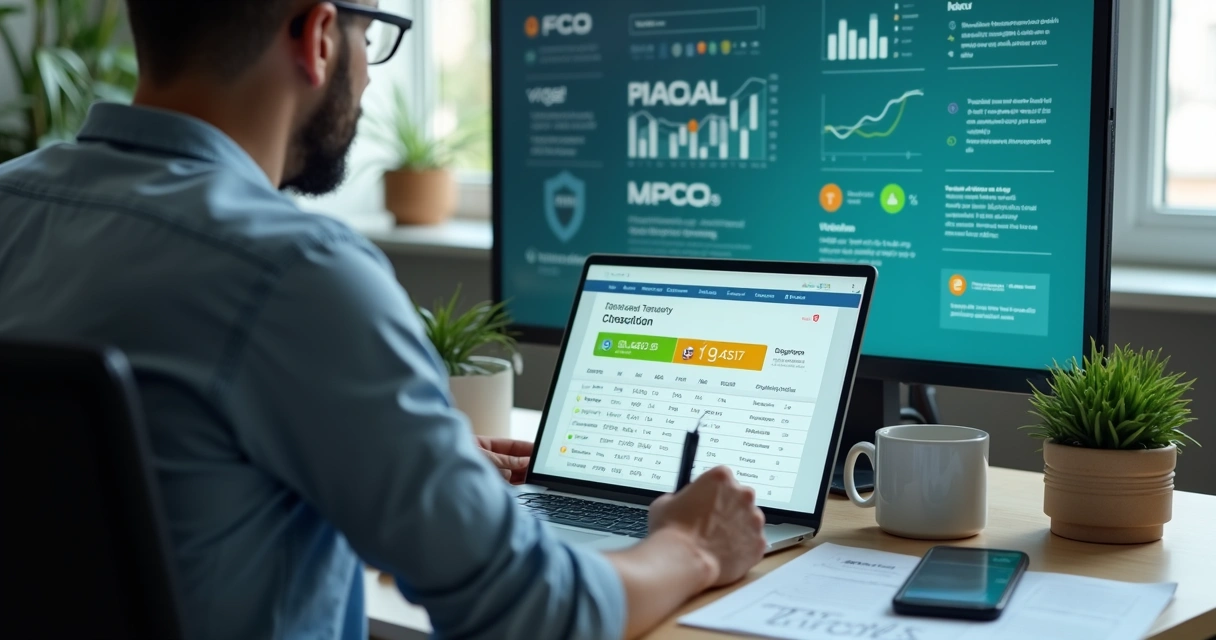 Empresário analisando painel de consulta INPI em computador com ícones de marcas e prazos 