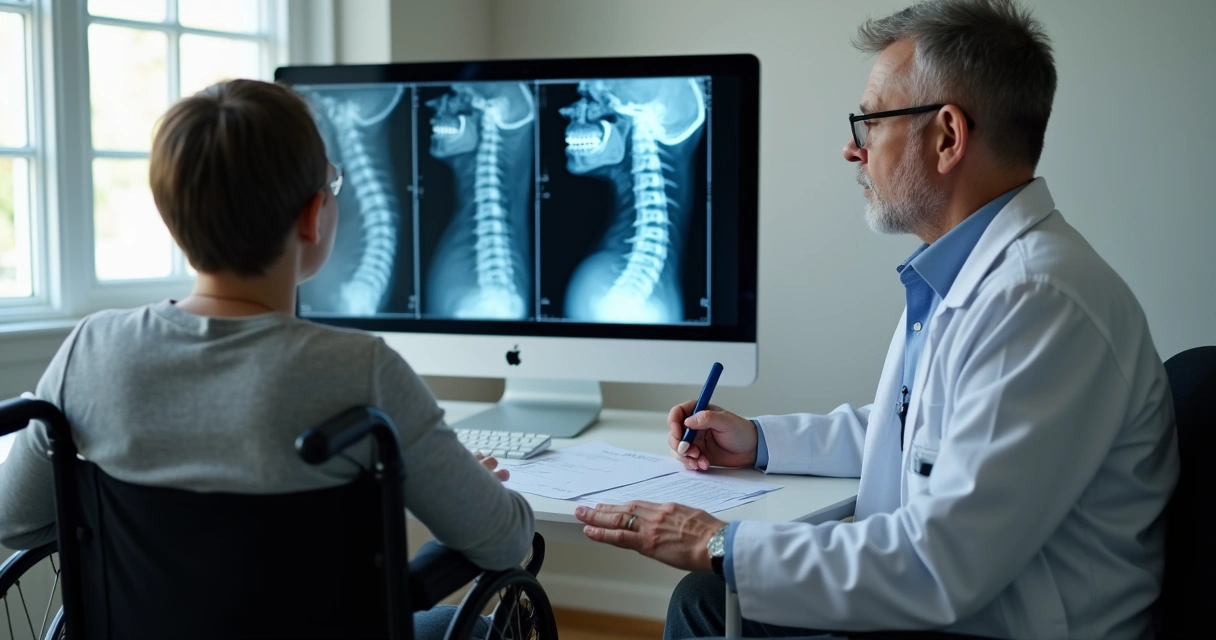 Pessoa com deficiência em consulta médica mostrando exames para laudo INSS 