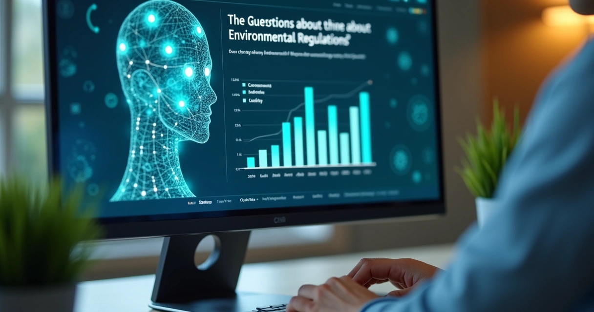 Chatbot de inteligência artificial ajudando na consulta de norma ambiental na tela do computador 