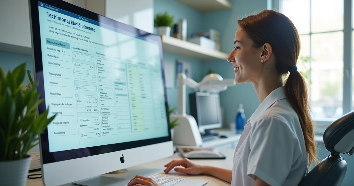 Secretária olhando para a tela do computador com a agenda preenchida automaticamente